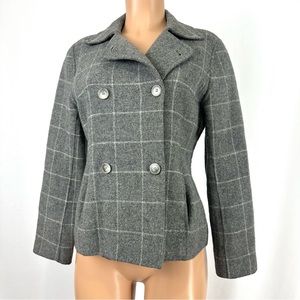 Ann Taylor Loft Blazer Women’s M Grey Classic Double Breasted Wool Jacket Plaid